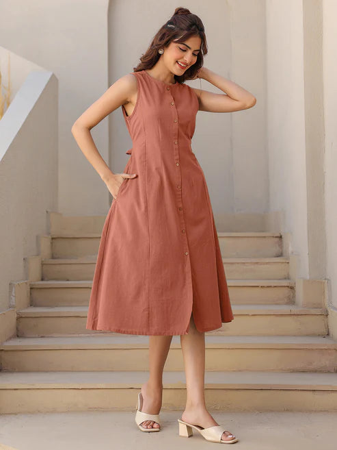 Saheli Rust Cotton Solid A-line Dress