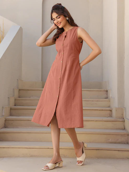 Saheli Rust Cotton Solid A-line Dress