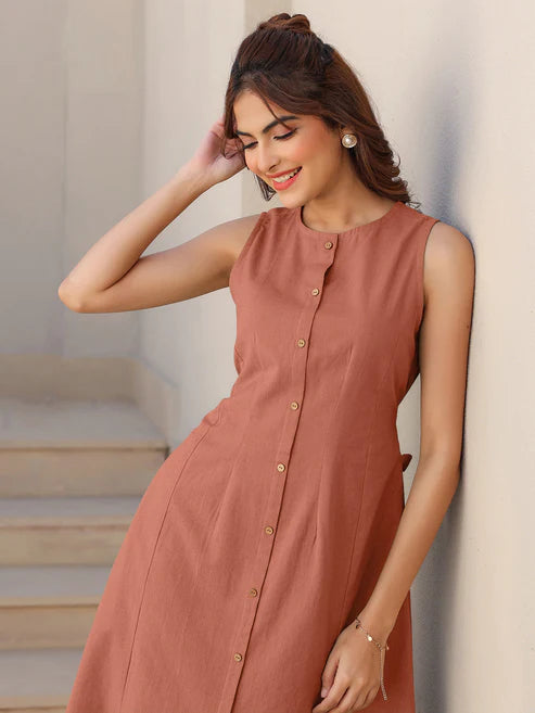 Saheli Rust Cotton Solid A-line Dress