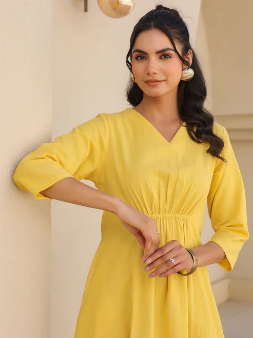 Saheli Yellow Cotton Solid A-line Dress