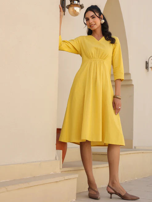 Saheli Yellow Cotton Solid A-line Dress