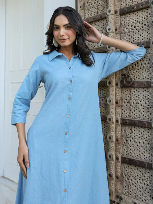 Saheli Light Blue Cotton Solid Button Down Shirt Style A-line Dress