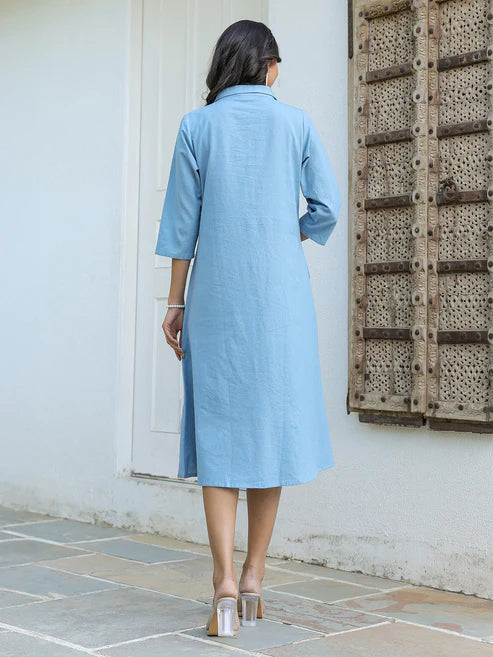 Saheli Light Blue Cotton Solid Button Down Shirt Style A-line Dress
