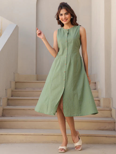 Saheli Green Cotton Solid A-line Dress