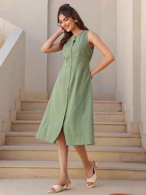 Saheli Green Cotton Solid A-line Dress