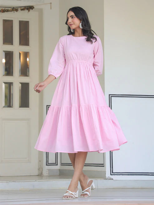 Saheli Light Pink Pure Cotton Solid Tiered Dress