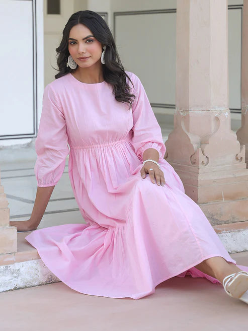 Saheli Light Pink Pure Cotton Solid Tiered Dress
