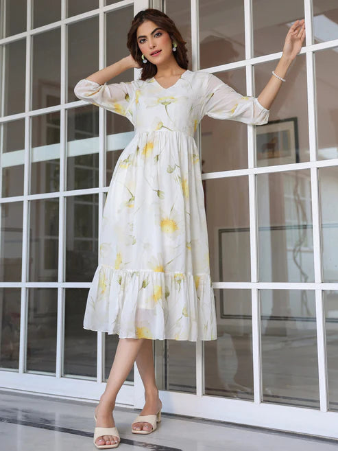 Saheli White Georgette Floral Printed Tiered Dress