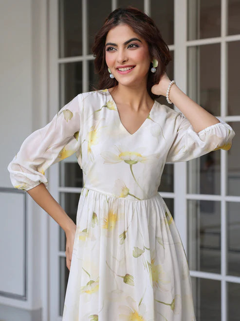 Saheli White Georgette Floral Printed Tiered Dress