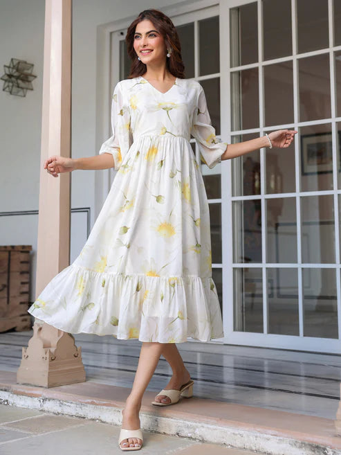 Saheli White Georgette Floral Printed Tiered Dress