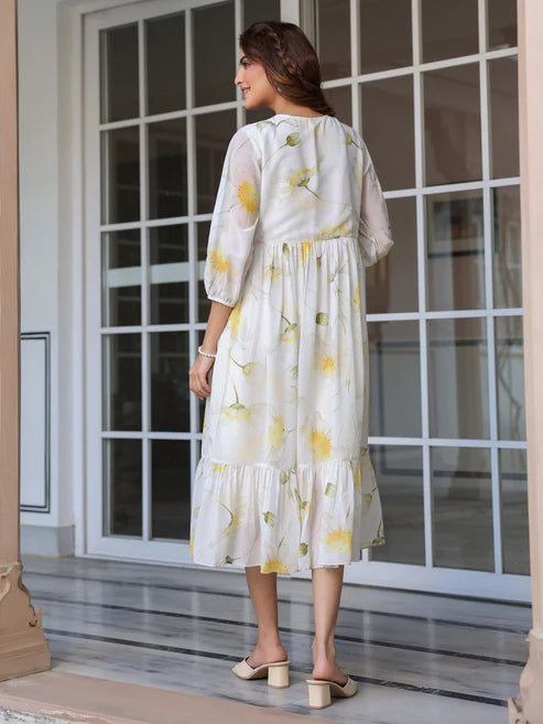 Saheli White Georgette Floral Printed Tiered Dress