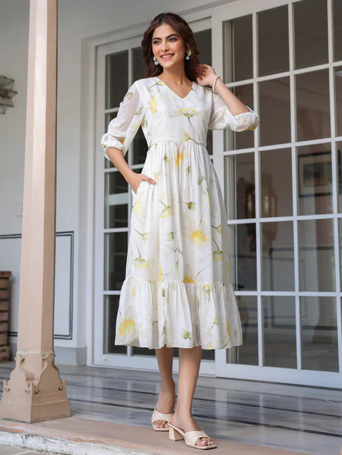 Saheli White Georgette Floral Printed Tiered Dress