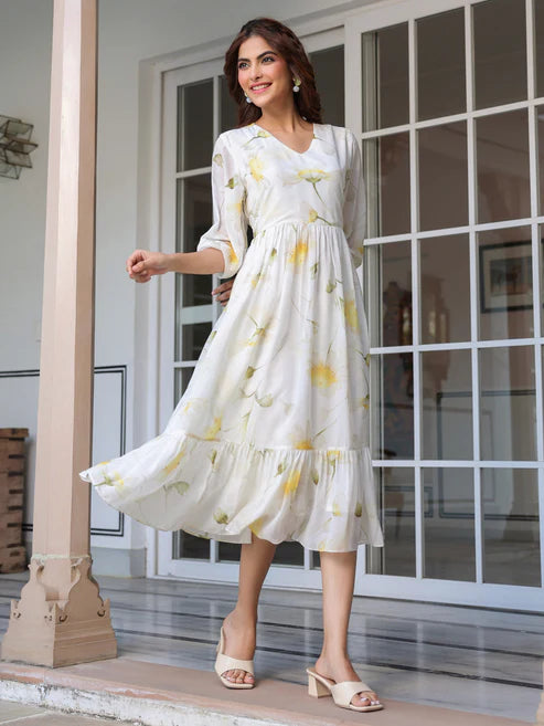 Saheli White Georgette Floral Printed Tiered Dress