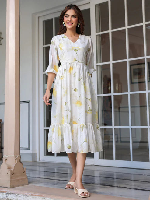Saheli White Georgette Floral Printed Tiered Dress
