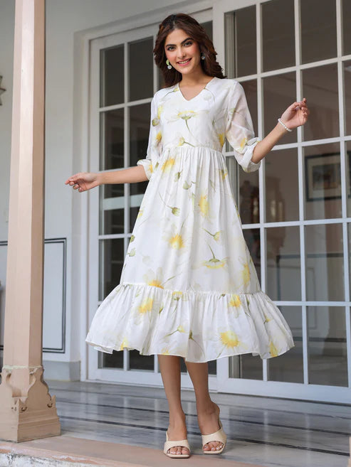 Saheli White Georgette Floral Printed Tiered Dress