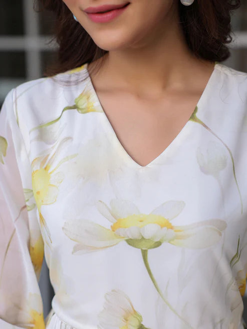 Saheli White Georgette Floral Printed Tiered Dress