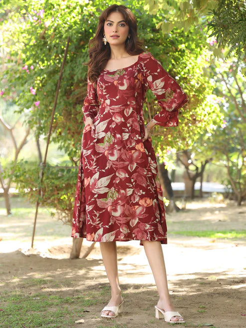 Saheli Maroon Rayon Floral Printed A-line Dress
