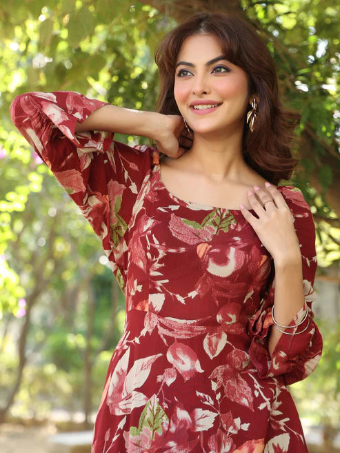 Saheli Maroon Rayon Floral Printed A-line Dress