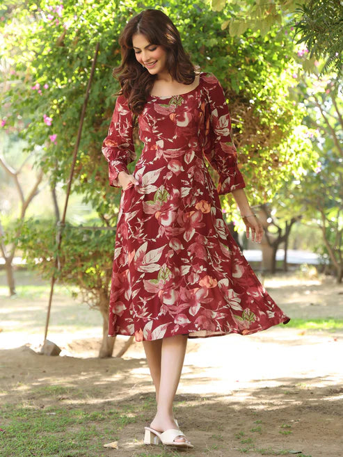 Saheli Maroon Rayon Floral Printed A-line Dress