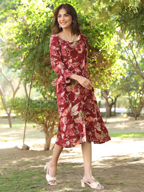Saheli Maroon Rayon Floral Printed A-line Dress