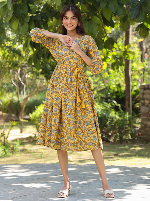 Saheli Yellow Pure Cotton Floral Printed A-line Dress