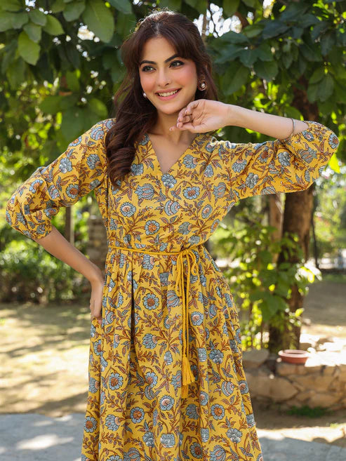 Saheli Yellow Pure Cotton Floral Printed A-line Dress