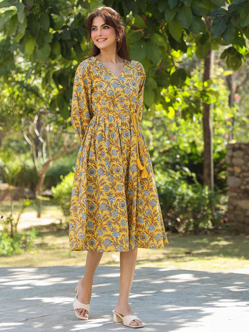 Saheli Yellow Pure Cotton Floral Printed A-line Dress