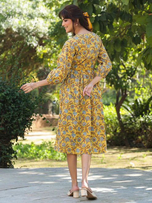 Saheli Yellow Pure Cotton Floral Printed A-line Dress