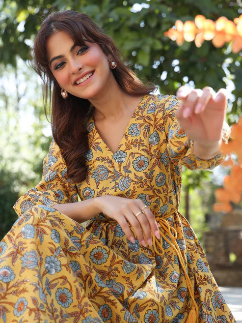 Saheli Yellow Pure Cotton Floral Printed A-line Dress