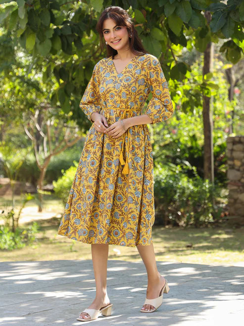 Saheli Yellow Pure Cotton Floral Printed A-line Dress