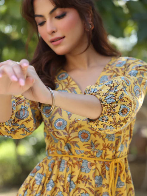 Saheli Yellow Pure Cotton Floral Printed A-line Dress