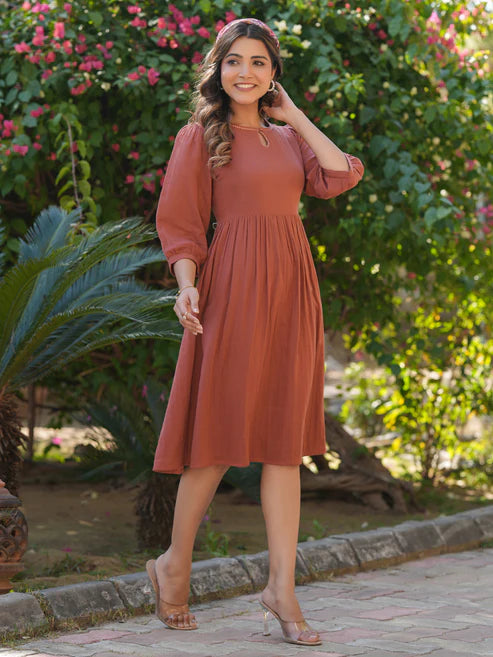 Saheli Rust Pure Cotton Solid Gathered Dress
