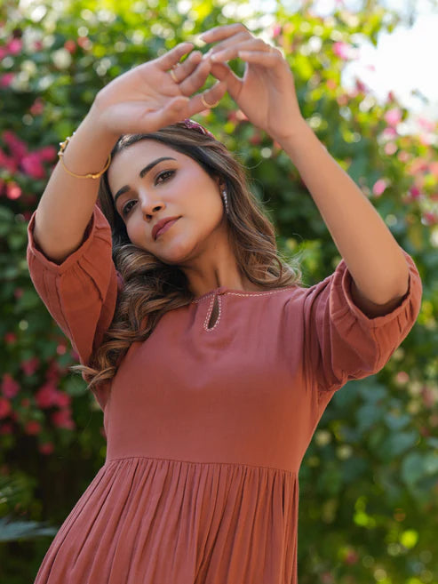 Saheli Rust Pure Cotton Solid Gathered Dress