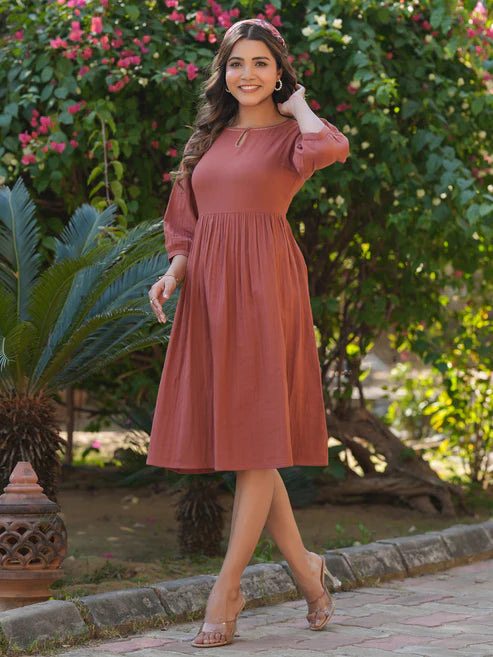 Saheli Rust Pure Cotton Solid Gathered Dress