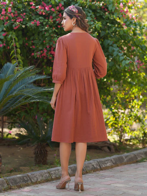 Saheli Rust Pure Cotton Solid Gathered Dress