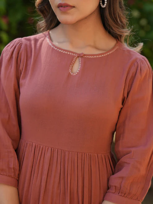 Saheli Rust Pure Cotton Solid Gathered Dress