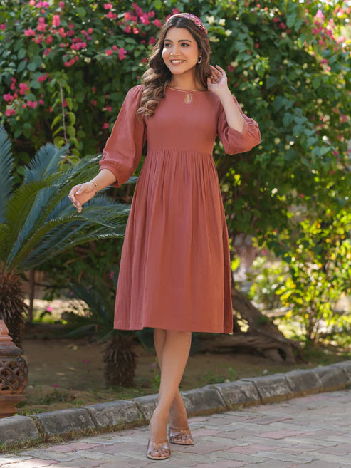 Saheli Rust Pure Cotton Solid Gathered Dress