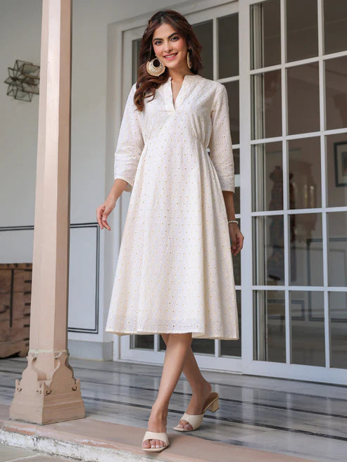Saheli Off White Pure Cotton Schiffli A-line Dress