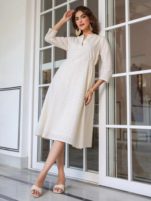 Saheli Off White Pure Cotton Schiffli A-line Dress