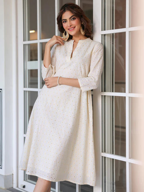 Saheli Off White Pure Cotton Schiffli A-line Dress