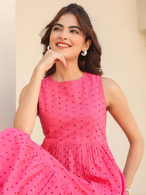 Saheli Pink Pure Cotton Schiffli Fit & Flare Dress