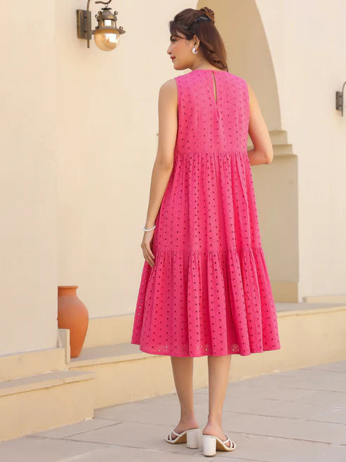 Saheli Pink Pure Cotton Schiffli Fit & Flare Dress