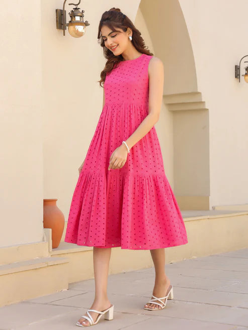 Saheli Pink Pure Cotton Schiffli Fit & Flare Dress