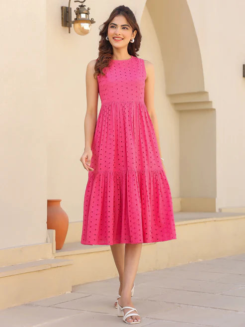 Saheli Pink Pure Cotton Schiffli Fit & Flare Dress