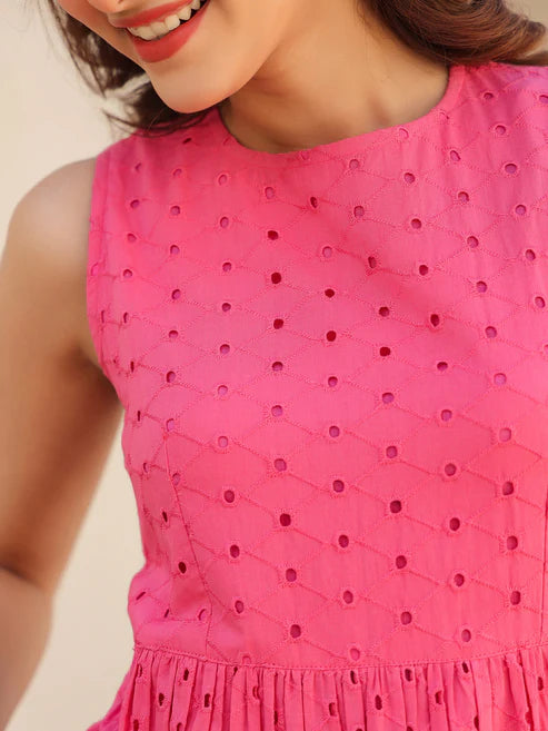 Saheli Pink Pure Cotton Schiffli Fit & Flare Dress