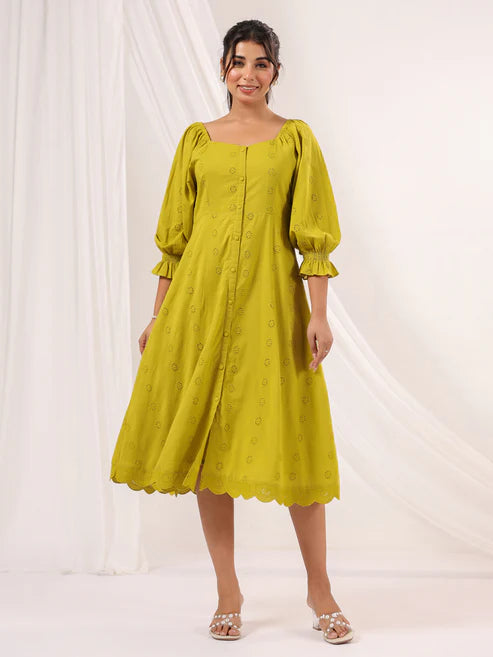 Saheli Women's Lime Green Pure Cotton Schiffli A-line Dress