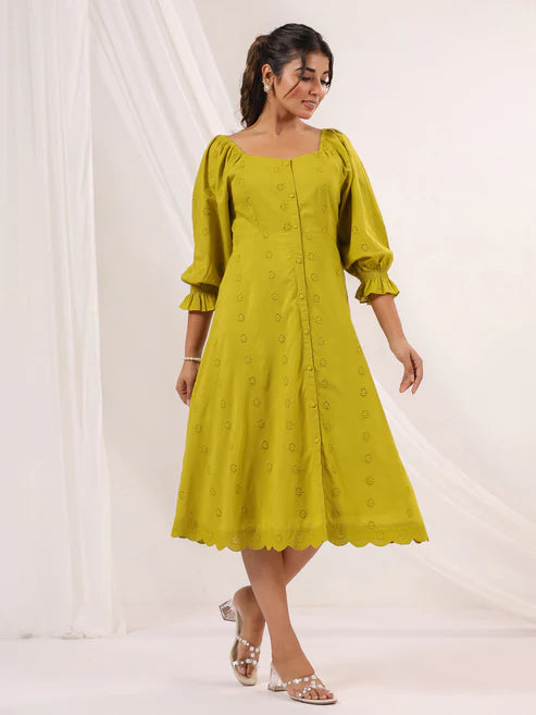 Saheli Women's Lime Green Pure Cotton Schiffli A-line Dress