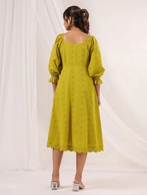 Saheli Women's Lime Green Pure Cotton Schiffli A-line Dress