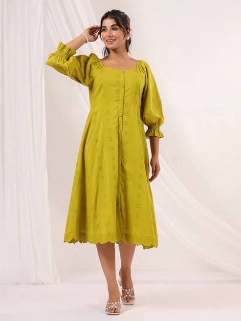 Saheli Women's Lime Green Pure Cotton Schiffli A-line Dress