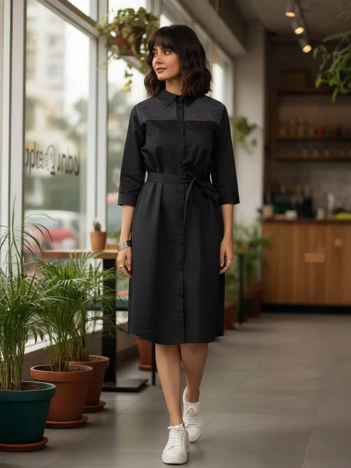 Saheli Women's Black Cotton Embellished A-line Button Down Shirt Dress